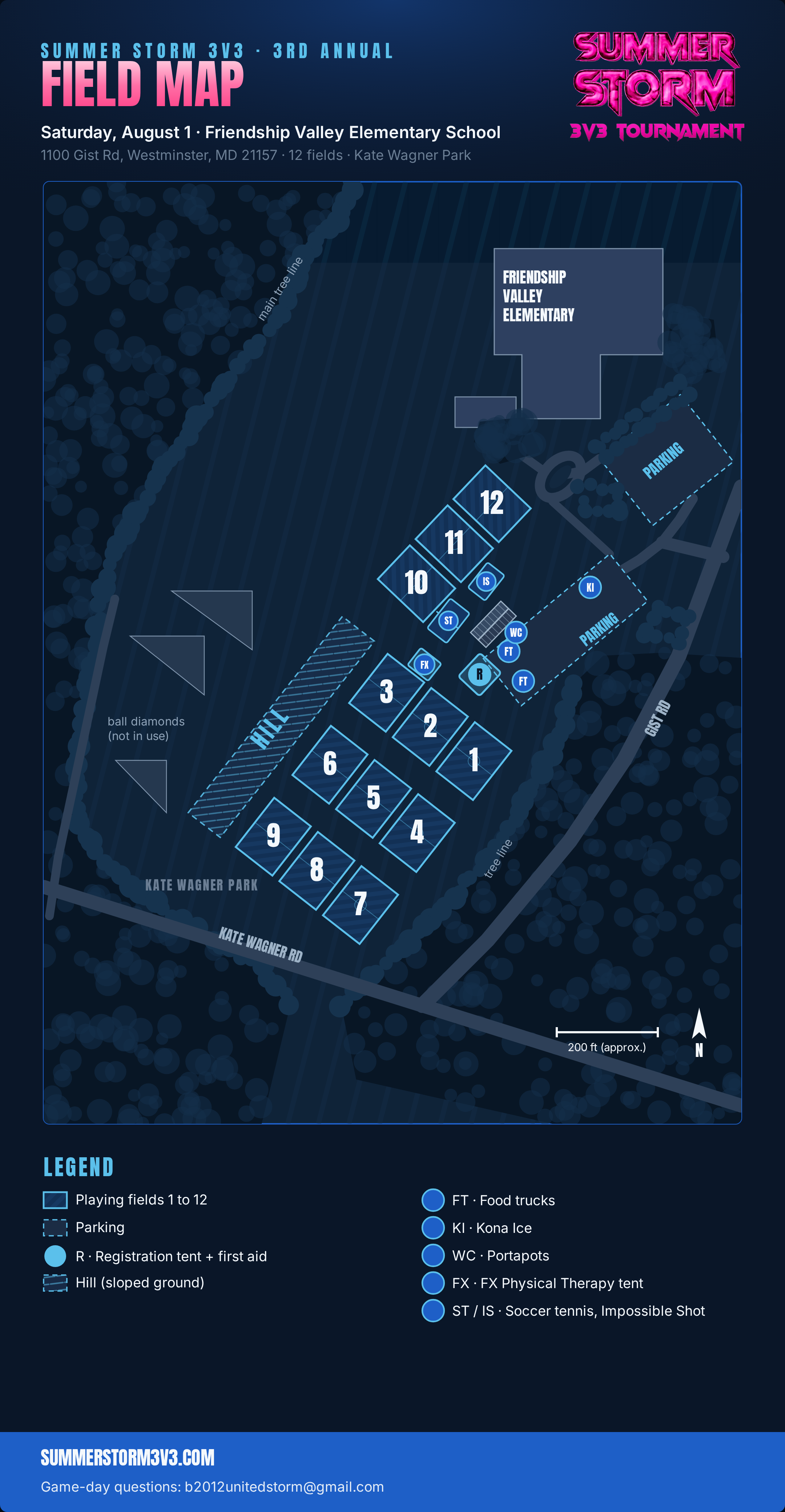 Summer Storm 3v3 2026 field map showing 12 playing fields, parking, registration tent, and vendor locations at Friendship Valley Elementary School